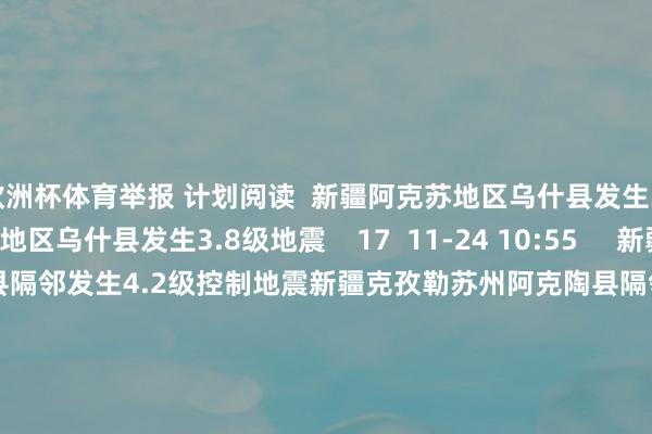 欧洲杯体育举报 计划阅读  新疆阿克苏地区乌什县发生3.8级地震新疆阿克苏地区乌什县发生3.8级地震    17  11-24 10:55     新疆克孜勒苏州阿克陶县隔邻发生4.2级控制地震新疆克孜勒苏州阿克陶县隔邻发生4.2级控制地震    17  11-06 09:06     新疆阿克苏地区沙雅县隔邻发生4.2级控制地震新疆阿克苏地区沙雅县隔邻发生4.2级控制地震    0  10-30